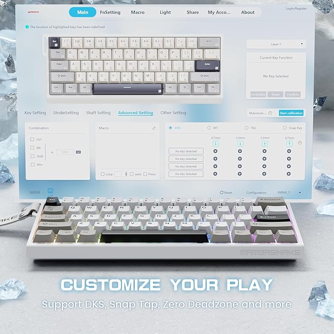 ATTACK SHARK MAMBASNAKE X60HE Rapid Trigger Magnetic Switch 60% RGB Wireless Mechanical Gaming keyboard2.4Ghz/BT/Wired8KHZ Polling Rate0.01mm Adjustable ActuationWeb Driver for PC(White+8 Keycaps)