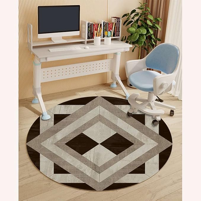 Beige Black PU Leather Chair Mat Hard Floor Protecting Marble Nostalgic Stone Mosaic Noise Cancelling with Anti Slip Rubber Multi-Purpose Floor Mat for Bedroom Victorian Style Diameter 55 in