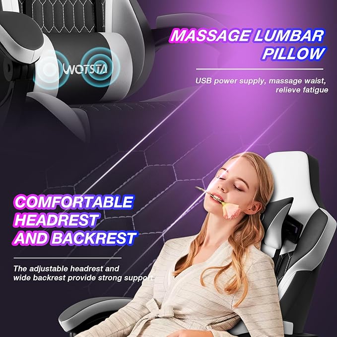 Gaming Chair with Footrest High Back Gaming Chairs PVC Leather Ergonomic Gamer Chair with Adjustable Headrest Lumbar Support Racing Style Video Gaming Chair for Office/Home (Black White)