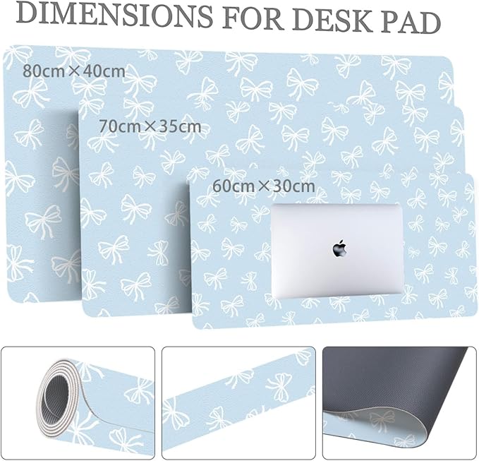 Cute White Bow Blue Extended Gaming Keyboard Mouse Pad Non-Slip Leather Home Office Desk Mat Protector Laptop Desk Pad Writing Pad