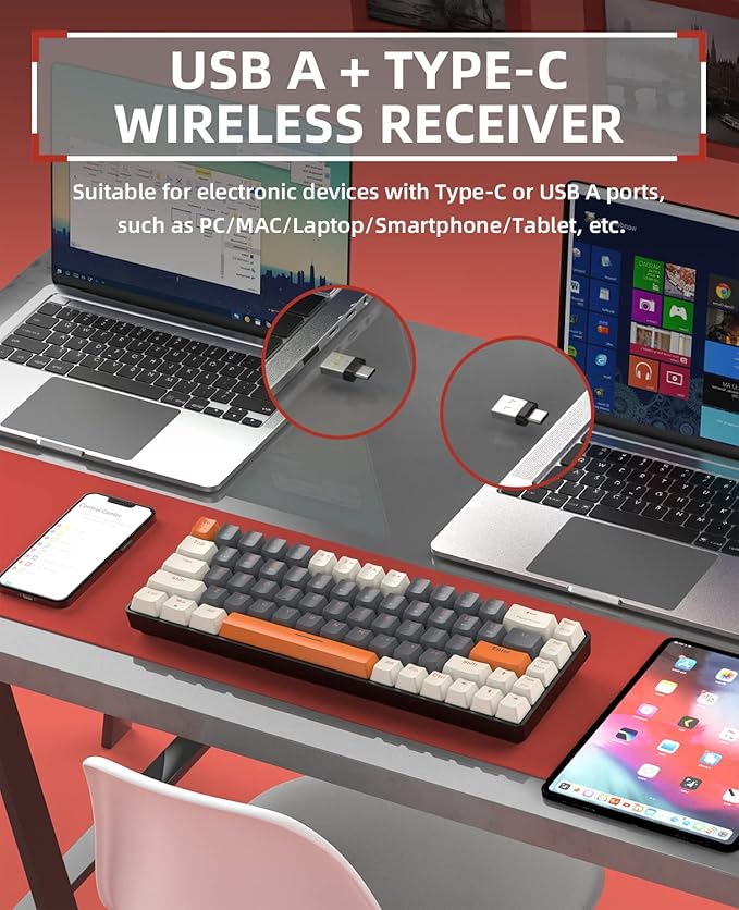 ZIYOU LANG RK68 60% Wireless Mechanical Keyboard Bluetooth 5.0/2.4Ghz Dual Mode 2-in-1 USB-C Receiver Mini Mechanical Keyboard Hot Swappable Red Switch Gaming Keyboard for PC/MAC/Laptops