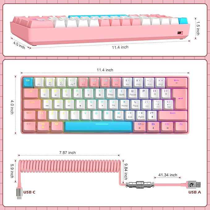 ZIYOU LANG RK-T60 Wired Mechanical Gaming Keyboard Mini Portable with Rainbow Backlit 62Key ABS Keycaps Full Anti-Ghosting Ergonomic Design Coiled Aviator Cable for PS4/PC/WIN Gamer(Pink/Blue Switch)