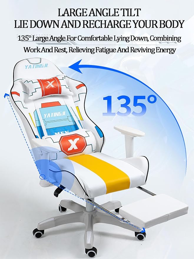 JSWHYBD Ergonomic Gaming Chair Recliner Adjustable Desk Chair Comfortable Hight Leather Swivel Computer Chair with 360°for Adult Teen Office Or Gaming Big and Tall Nofootrest White