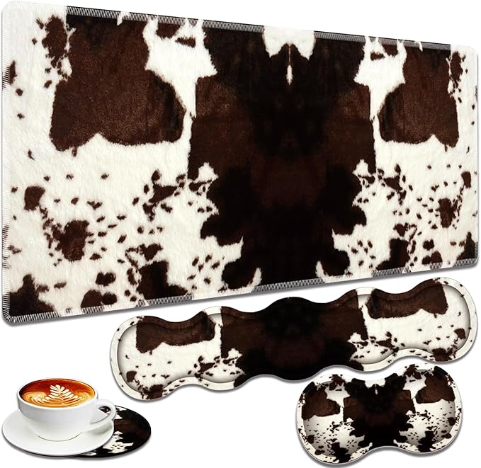 Large Gaming Mouse Pad + Keyboard Wrist Rest + Wrist Support + Coaster Set Memory Foam Ergonomic for Easy Typing XXL Extended Gaming Mouse Pad Table Pad - Cow Hide Print