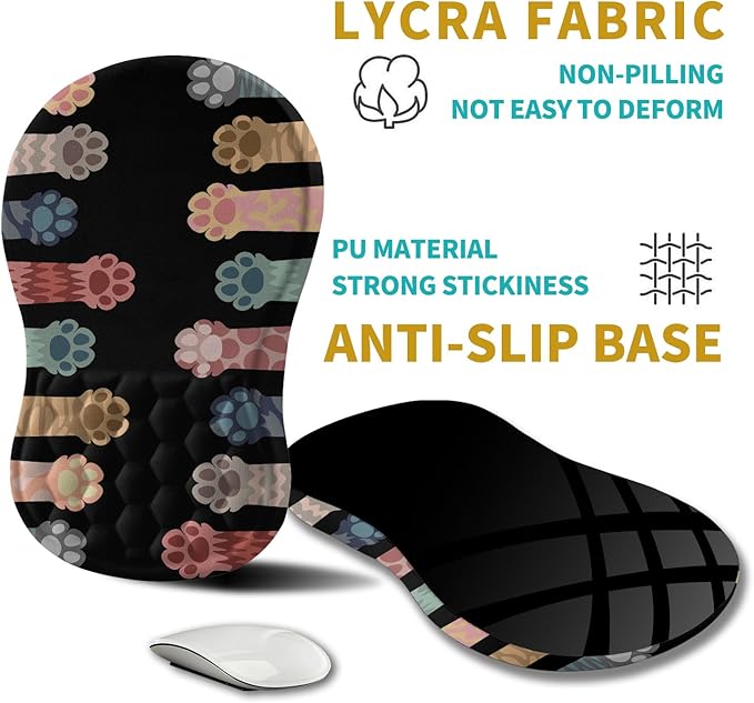 Hokafenle Ergonomic Mouse Pad Wrist Support Wrist Rest Mousepad for Carpal Tunnel Pain Relief with Integrated Memory Foam Slope Massage Bulge (11.8x7.9 inchCute Cat Claw