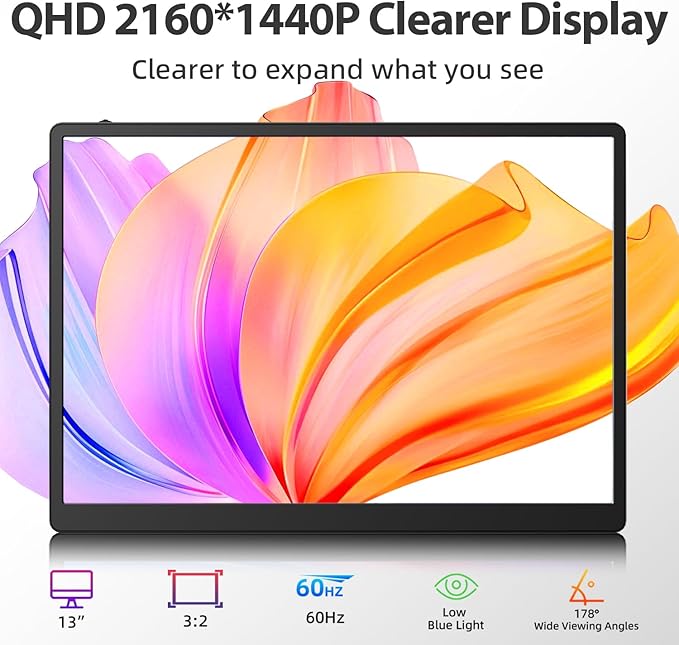 2K Laptop Monitor Extender - 13 IPS 1440P Dual Monitor Attachment Plug &amp Play Multiple Screens for 13-17 Laptop Compatible with Wins Mac Dex Chrome Travel Gaming Work
