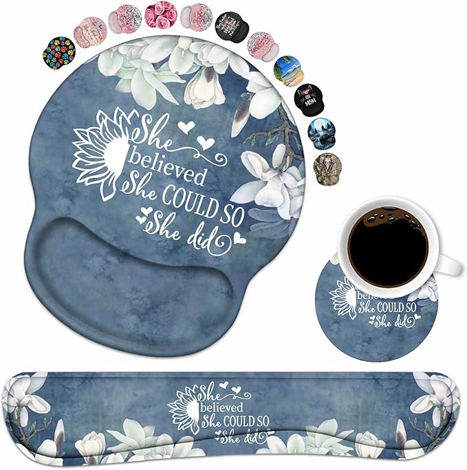 Keyboard Wrist Rest and Mouse Pad Wrist Support Set with Coasters Inspirational Quote She Believed She Could So She Did Wrist Support Mouse Pad with Non-Slip PU Base for Computer Laptop Home Office