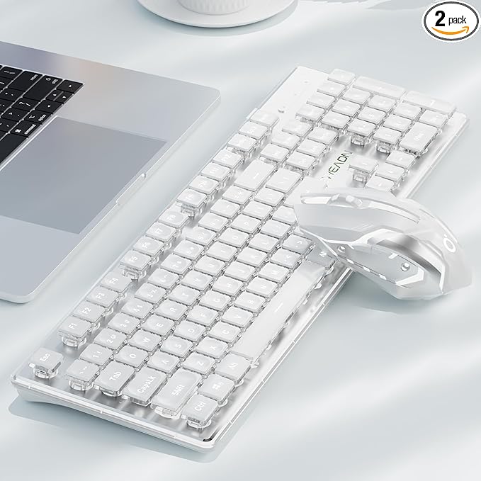 V3 Wireless Keyboard and Mouse with Single Backlit Metal Panel Bluetooth/2.4G Rechargeable Computer Keyboard and Mouse Combo Silent Lighted Full Size Cute Keyboards-White