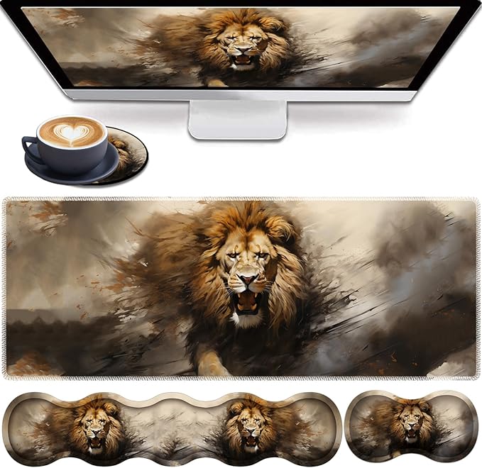 4 in 1 Mouse Pad Combo Large Gaming Mouse Pad + Keyboard Wrist Support + Mouse Wrist Rest + Coaster Table Pad with Stitched Edge Ergonomic Wrist Pad Set Lion