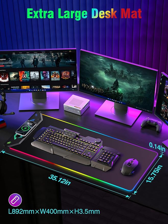 Gaming Mouse Pad RGB 35x15.8 Large Keyboard Desk Mat with Magnetic Wireless Charging for iPhone 24 Light Effects Non-Slip Base Waterproof Ultra-Smooth Surface with Adapter Black