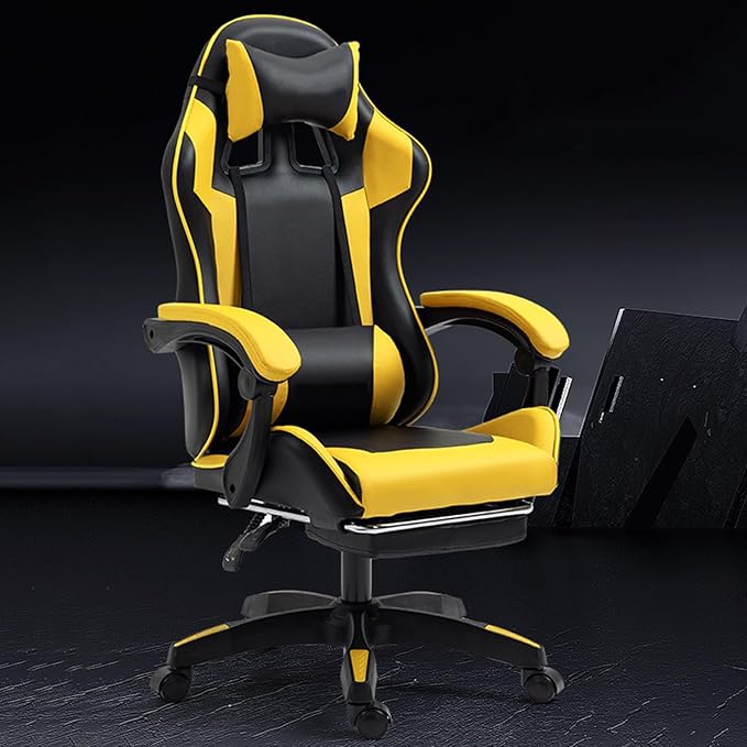 Gaming Chair with Footrest Lumbar Support and Headrest Ergonomic High Back Video Game Chair Heavy Duty Office Computer Desk Chair with 360°-Swivel Seat Height AdjustableOne Size Black Yellow