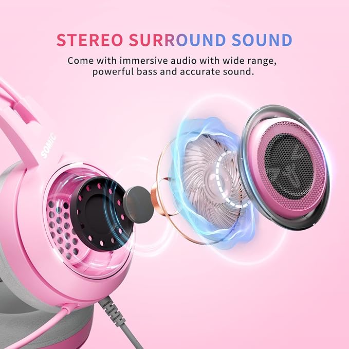 SOMIC G951s Pink Stereo Gaming Headset with Mic for PS4XboxPCMobile Phone3.5mm Noise Reduction Cat Ear Headphones Lightweight Over Ear Headphones for Woman