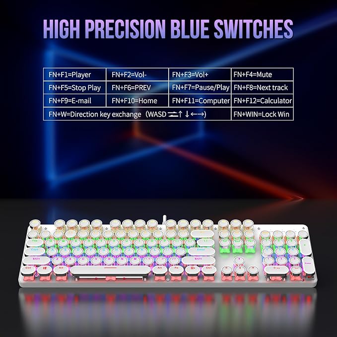 Typewriter Mechanical Gaming Keyboard with Rainbow Light Backlit Red Switches 104 Keys Retro Round Keycap Wired Typewriter Style Comfortable Typing Soud (White LED)