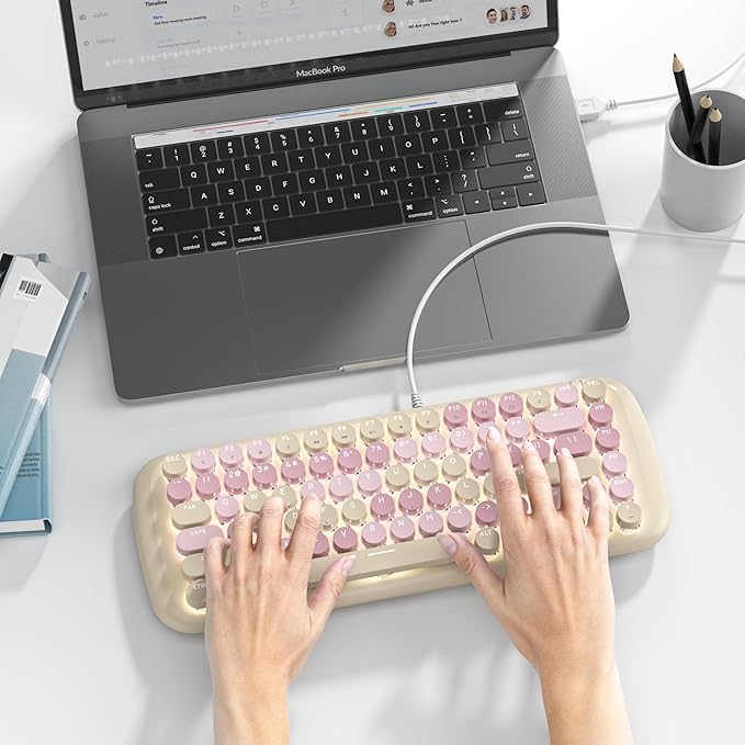 Milky Creamy Mechanical Gaming Keyboard Aesthetic Keyboard w/White Backlit 84 Keys Cute Retro Typewriter Computer Keyboard Wired w/Pink Switch Round Keycap for Windows/PC/PS5 (Milk Tea)