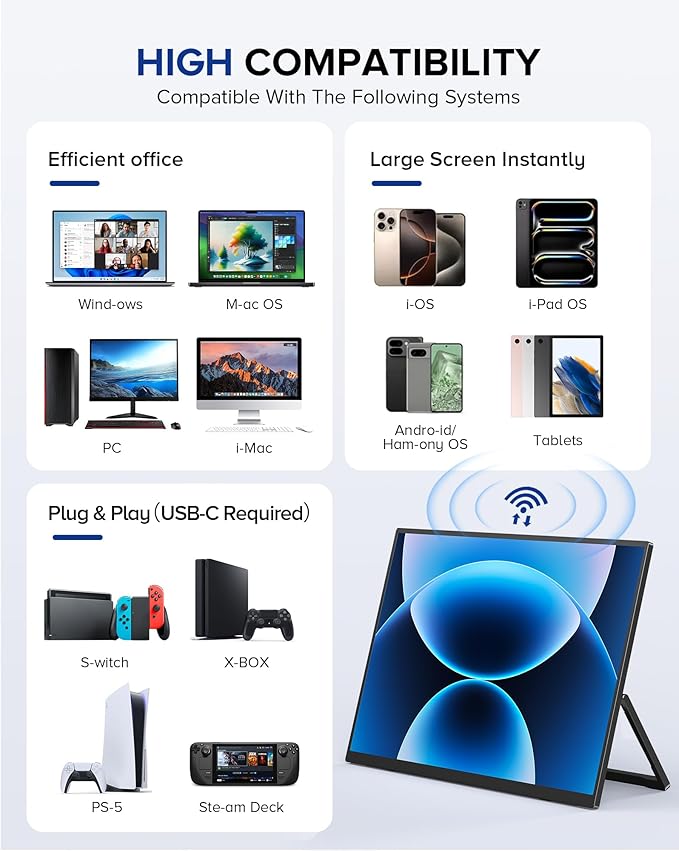 UPERFECT Wireless Portable Monitor with Battery 8000mAh 15.6 1080P FHD Ultra Slim Travel Monitor with Stand/VESA/Sleeve External Second Screen for Laptop PC Phone Support AirPlay Miracast