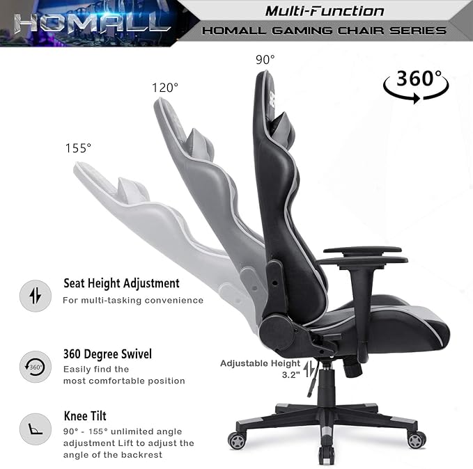 Homall Gaming Chair Office Chair High Back Computer Chair Leather Desk Chair Racing Executive Ergonomic Adjustable Swivel Task Chair with Headrest and Lumbar Support (Grey)