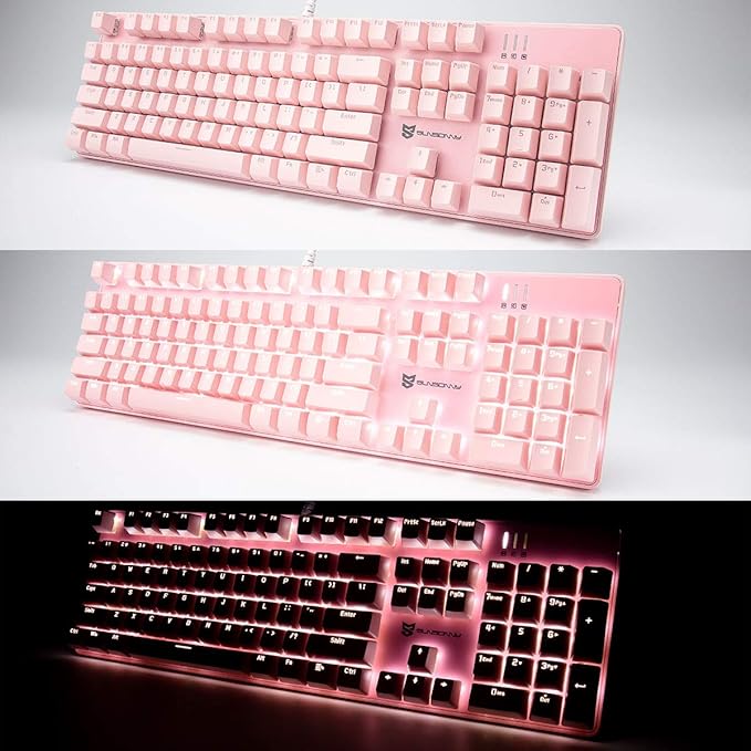 Full Size Wired Mechanical Gaming Pink Keyboard | Red Switch 104 Keys US Layout Full Size Pink PC Gaming Keyboards | Hot Swappable LED Backlit Light Up Wired Mechanical Computer Keyboards