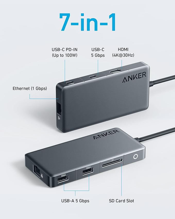 Anker USB-C Hub (7-in-1 4K HDMI) with 3 5Gbps USB-C and USB-A Data Ports Max 100W Power Delivery 4K HDMI Display Ethernet for Lenovo Dell XPS HP Laptops MacBook Ipad and More