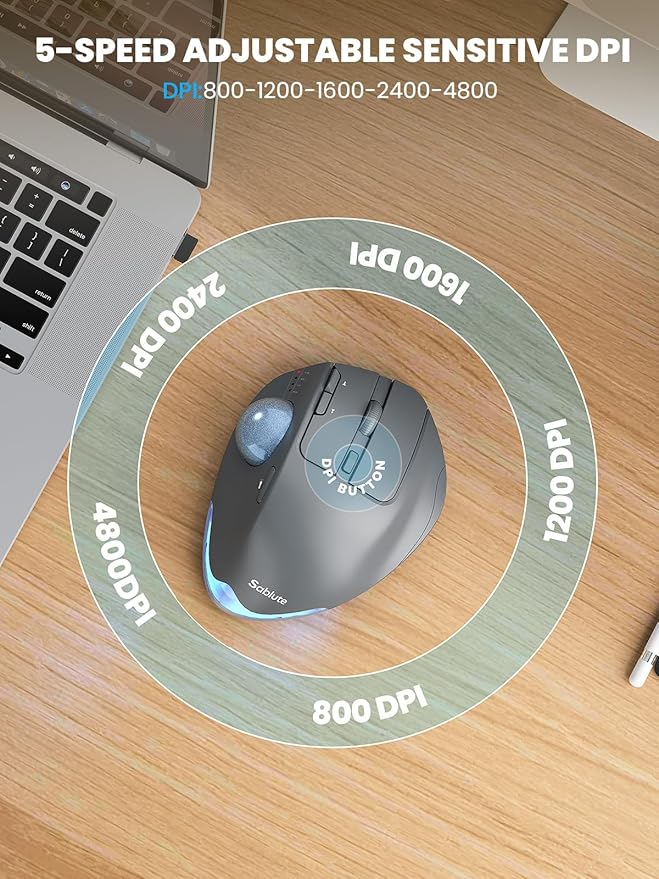 MAM1 Pro Wireless Trackball Mouse Ergonomic Bluetooth Rechargeable Computer Mouse Backlit Rollerball Thumb mice with 5 Level DPI Adjustable Angle 3 Devices Connection for PC Windows - Gray Mouse