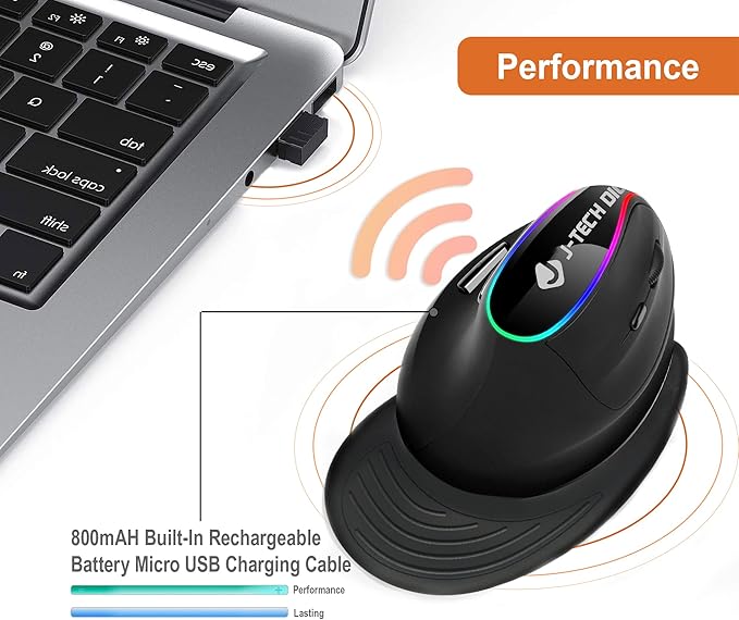 J-Tech Digital Ergonomic Mouse with Wireless Connection Removable Palm Rest Thumb Buttons Rechargeable Battery 800 DPI Compatible with Windows and MAC OS