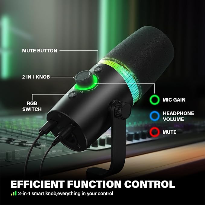 USB/XLR Dynamic Microphone Podcast &amp Gaming Microphone for PC Vocal Mic with RGB Lighting Tap-to-Mute Gain Control &amp Headphone Monitoring for YouTube Streaming