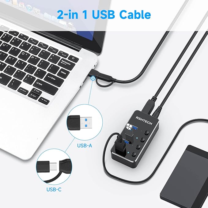 RSHTECH 4 Port Powered USB 3.0/USB C Hub Upgraded Version with 2-in-1 3.3ft USB Cable5V Power Adapter and Individual Switches Portable Aluminum USB Splitter for Laptop and PC RSH-ST04 (Pack of 2)