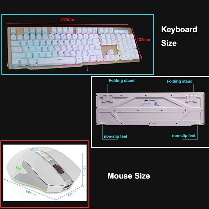Rechargeable Gaming Keyboard Mouse Combo2.4G Wireless Backlit Mechanical Feeling Ergonomic Keyboards with Optical Mice Set for Computer Game (White)