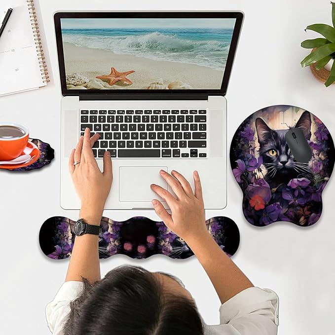 Mouse Wrist Rest and Keyboard Wrist Rest Pad+ Coaster Set Non-Slip Rubber Base Smooth Surface Ergonomic Gaming Mouse Pad for Easy Typing and Pain Relief Cat &amp Purple Flower