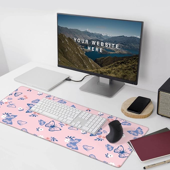 Pink Butterfly Large Mouse Pad Gaming Mousepad with Wrist Support Rubber Computer Keyboard Mat for Desk Laptop Non-Slip Full Deskmat Protector Waterproof Writing Pad Office Home 16x35.5 in