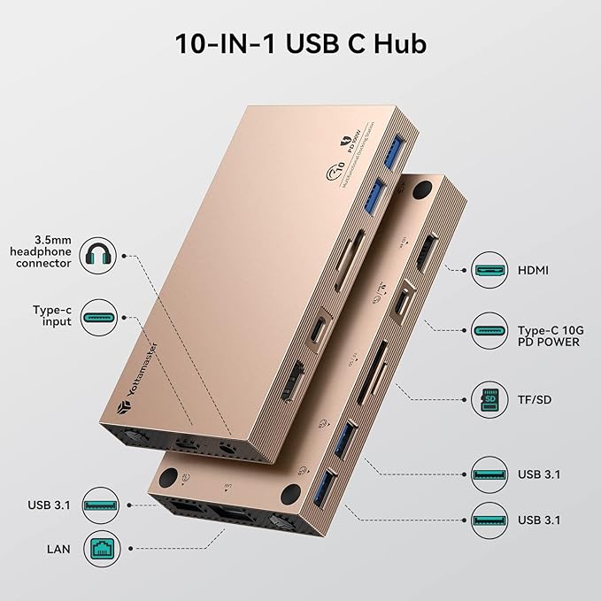 Yottamaster Aluminum USB C Hub with M.2 NVMe SSD Enclosure 10-in-1 USB C Docking Station 10Gbps for NVMe PCI-E M.2 SSD Support 100W Charging 4K HDMI RJ45 4 USB Ports Audio SD/TF Card Reader