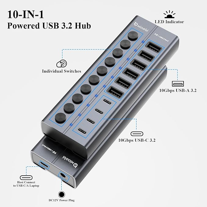 Powered USB Hub 10-Port USB C Hub with 6 USB-A 3.2 4 USB-C 3.2 Ports Individual Switches and 12V/5A Power Adapter Aluminum USB Extension for MacBook Laptop/PC and More.