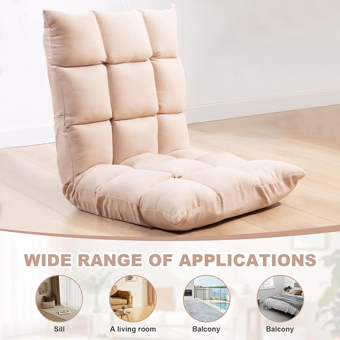 Folding Floor Chair 5-Position Cushioned Adjustable Lazy Sofa Foldable Floor Lounger for Adults Kids Gaming Reading Meditating (Beige)