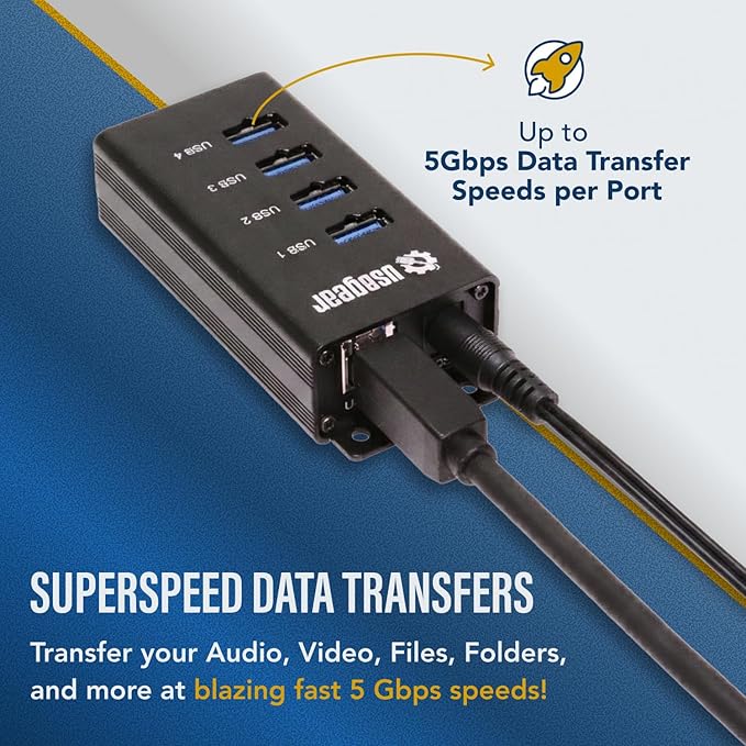 USBGear 4 Port USB Hub 3.2 Gen 1 – Mountable SuperSpeed Data Hub with USB Ports for Laptop PC Desktop and More 5V/2A Power Adapter with Type-A to Type-B Cable (3ft) Computer Accessories