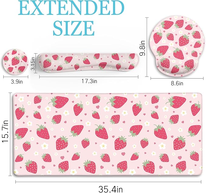 Strawberry Mouse Pad Desk Mat Set Pink Ergonomic Mouse Pad with Wrist Rest Large Gaming Mousepad Wrist Support Keyboard Mat Cup Coaster Set Cute Office Desk Decor Accessories Supplies