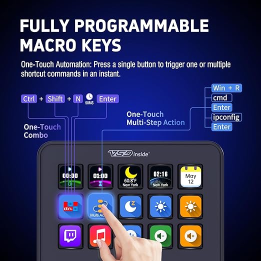 VSDINSIDE Macro Keypad Stream Controller Deck Gaming Streaming Shortcut Keyboard 18 Programmable Keys Customizable Visual AI Pad USB Soundboard for OBS YouTube Desk Office Setup Laptop PC Mac