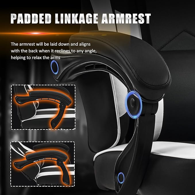 Gaming Chair with Footrest Reclining Video Game Chairs for Adults with Lumbar Support Linkage Armrests Ergonomic Computer Chair for Gaming or Office PU Black-White