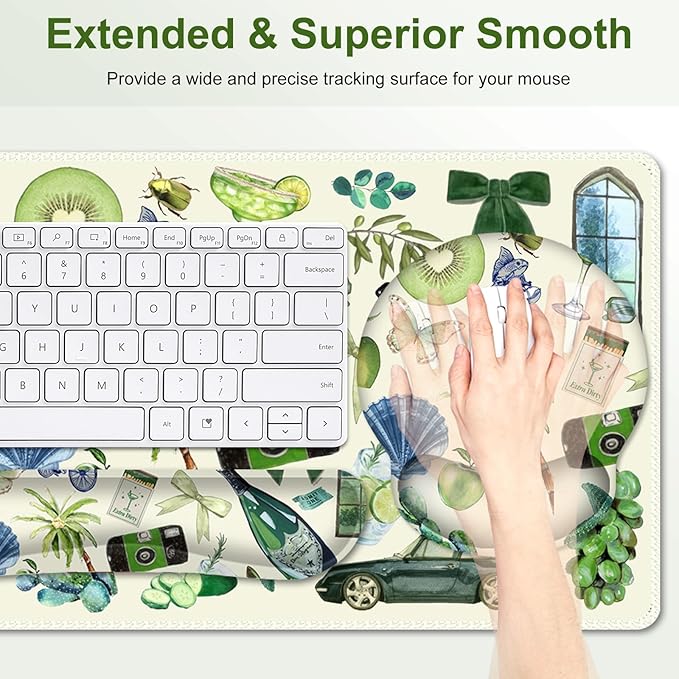 Mouse Pad 4 in1 Large Desk Mat Desk Pad Matt for Desktop Anti-Slip XXL Big Computer Ergonomic Mousepad with Wrist Support for Keyboard and Mouse for Women I Green Theme Stickers