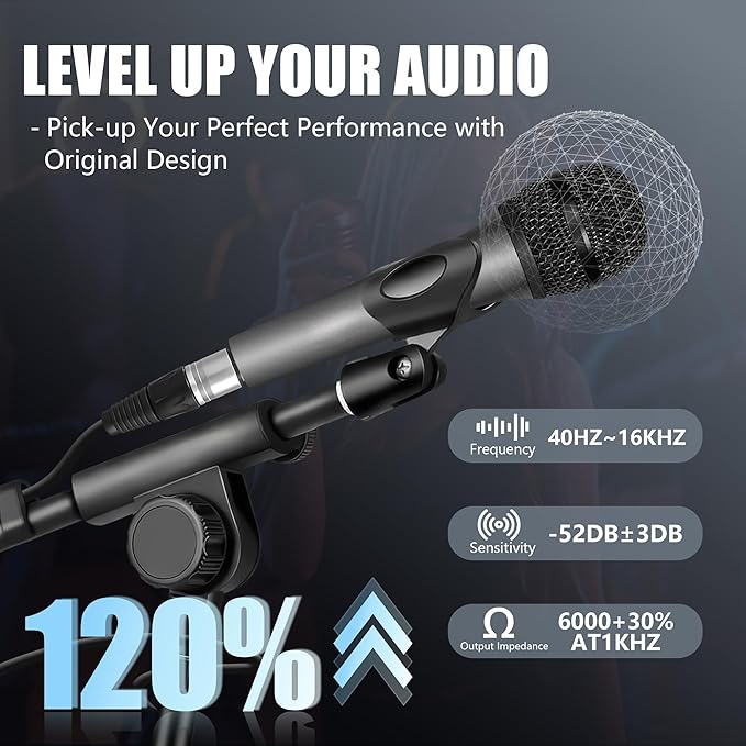 Professional Vocal Microphone for Singing Dynamic Karaoke Handheld Wired Microphone with 16ft XLR to 1/4 Audio Cable Studio Mic for Speaker Amplifier Mixer and Karaoke Machine
