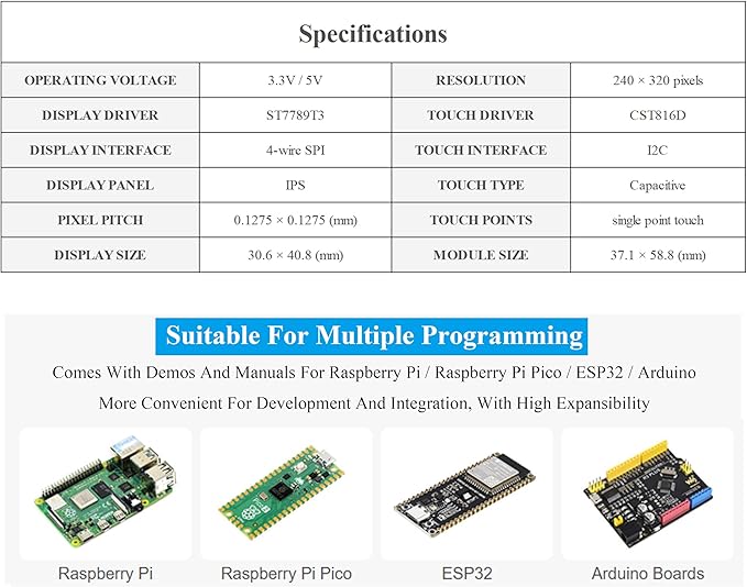 2inch IPS Display 240x320 Capacitive Touch Screen Compatible with Raspberry Pi 5/4B/3B+/Zero/Zero 2W/Pico/Pico W/Pico 2/ESP32 262K Colors ST7789T3 Display Driver and CST816D Touch Controller