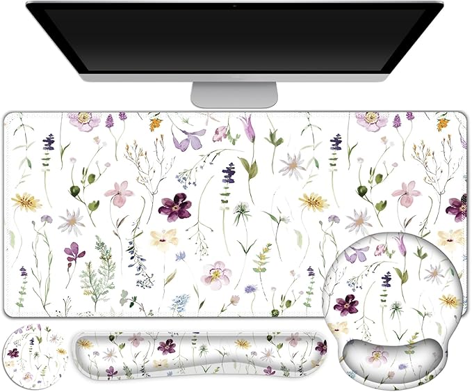 Gaming Mouse Pad Large Desk Mat Cute Desk Pad Protector 4in1 XXL Mousepad + Keyboard Wrist Rest+Mouse Wrist Rest+Coaster Set with Ergonomic Desk Pad for Home Office Computer Purple Flower Plants