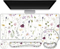 Gaming Mouse Pad Large Desk Mat Cute Desk Pad Protector 4in1 XXL Mousepad + Keyboard Wrist Rest+Mouse Wrist Rest+Coaster Set with Ergonomic Desk Pad for Home Office Computer Purple Flower Plants