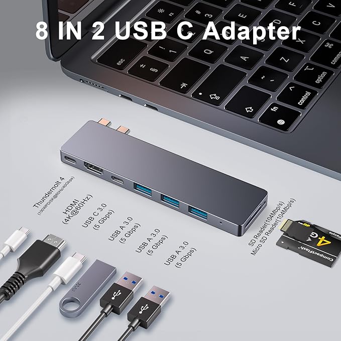 USB C Hub8 in 2 USB Adapter for MacBook Pro AirThunderbolt 4 Dock 100W PD 40Gbps 4K HDMI USB C 3.0 3 USB A 3.0 SD/TF Card Reader Compatible with MacBook Pro Air M1/M2/M3/M4