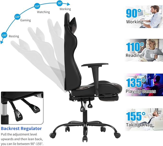 BLKMTY Gaming Chair with Footrest Ergonomic Office Racing Computer Chair with PU Leather High Back Lumbar Support Headrest Adjustable Height Reclining Chairs Camo