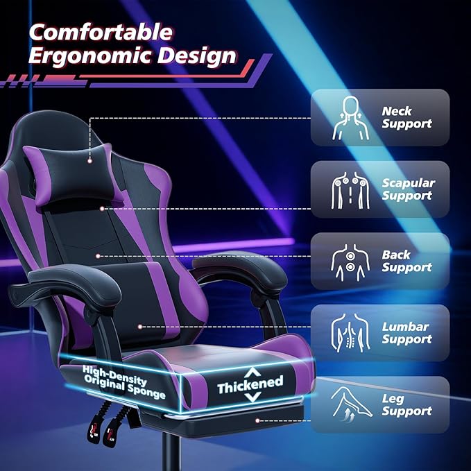 Magshion Gaming Chair for Adults Ergonomic Computer Chair with Linkage Armrests Height Adjustable Gamer Chair with Footrest and Headrest for Home Office 350 Lbs Capacity Purple