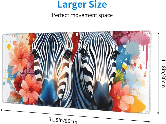 Watercolor Zebra Animal Large Mouse Pad XL Extended Gaming Pad Waterproof Desk Mat for Desktop Keyboard Non Slip Mousepad for Office Game Home 32.15x11.8
