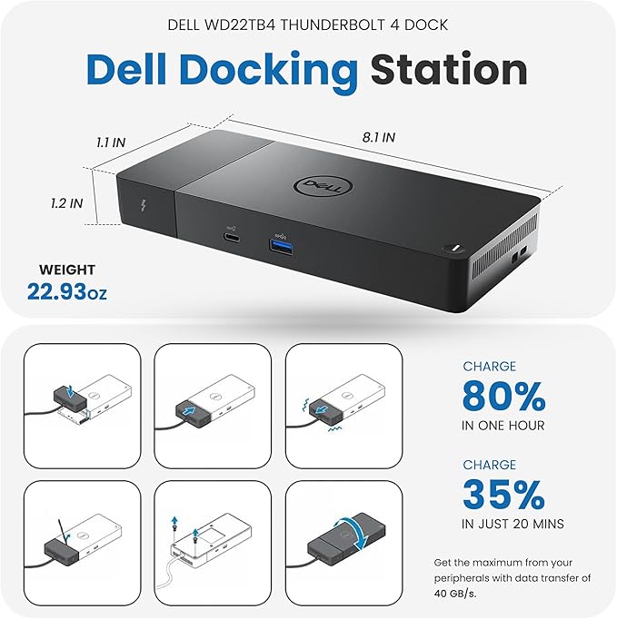 Dell WD22TB4 Thunderbolt 4 Dock 180W - 40Gbps 3-Year Warranty USB-C/USB-A Dell Docking Station with 180W Adapter + Techtray Cables &amp Cloth - Supports Dual/Triple Monitor &amp 4K Displays (New)