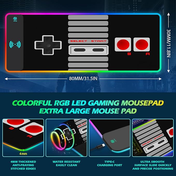 ToLuLu RGB Wireless Charging Gaming Mouse Pad 7.5/10/15W 10 Light Modes LED Mouse Pad Computer Keyboard Mat Mousepad 800x300x4MM Extended Large Big Desk Pad Desk Mat Game Console Buttons Black
