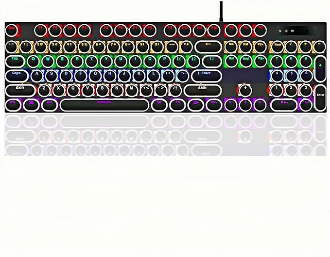 Guiheng Wired Typewriter Style Mechanical Gaming Keyboard Black Retro Punk Gaming Keyboard with RGB Backlit 104 Keys Blue Switch Wired Cute Keyboards Round Keycaps for Windows/Mac/PC