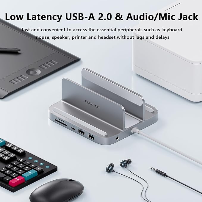 Mac mini Hub M1 M2 with M.2 SSD Enclosure (NOT for M4 2024) 8-in-1 Vertical Mac mini Dock Stand with USB A/C 3.2 10Gbps 2 x USB A 2.0 SD/TF Slots 3.5mm Audio Mic Jack