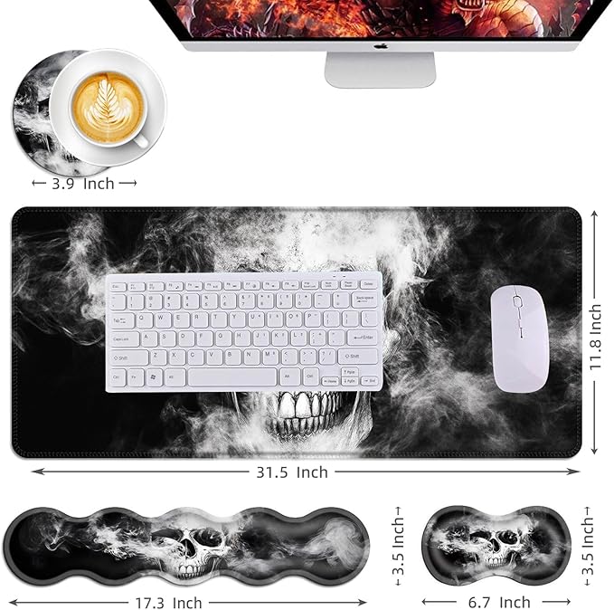 Mouse PadLarge Desk Mat Set 4in1 XL Mousepad + Keyboard Wrist Rest+Mouse Wrist Rest+Coaster with Ergonomic Desk Pad for Home Office Table Computer Cover -Smoky Skull Art